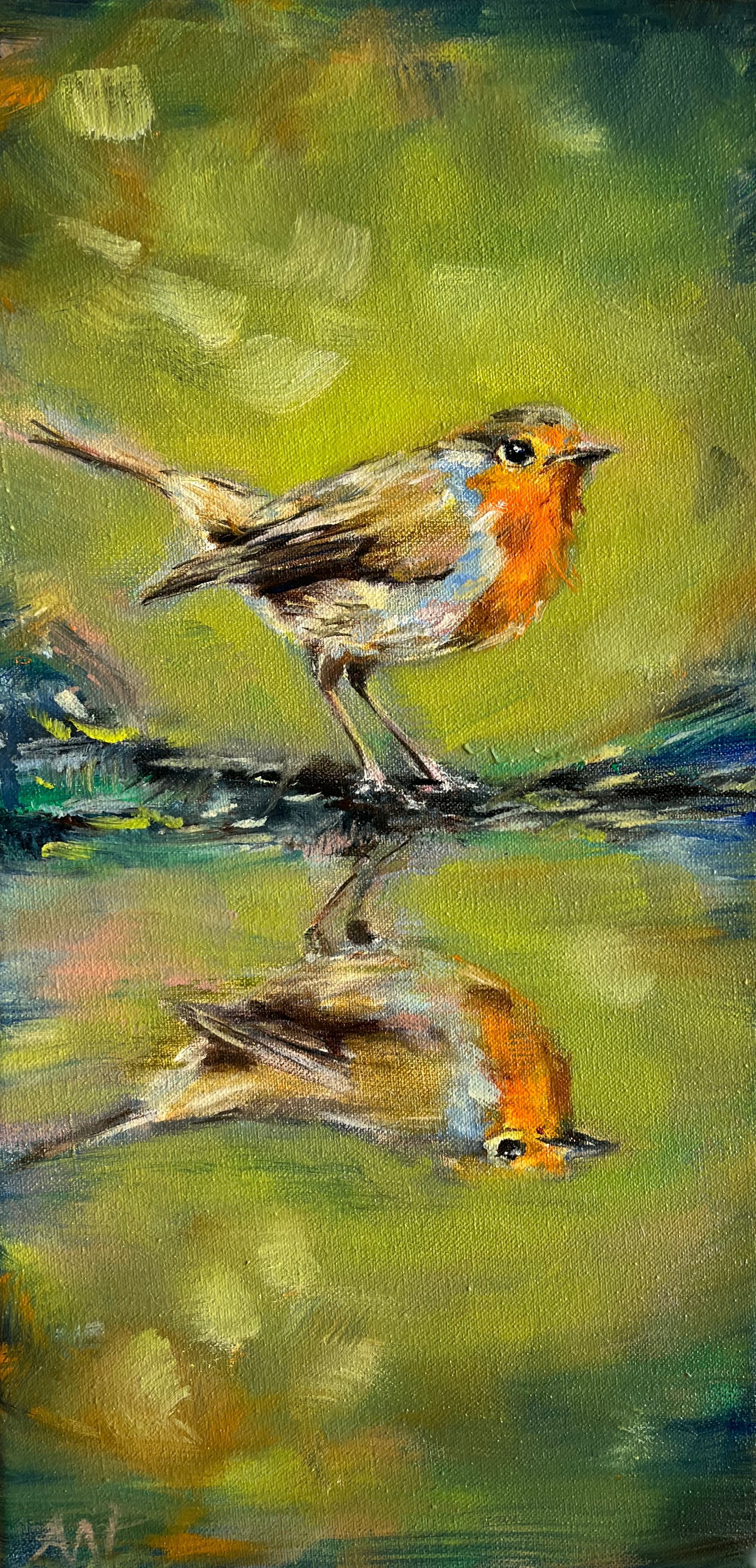 Oil painting of a robin perched on a branch, its reflection in water below, against a green background.