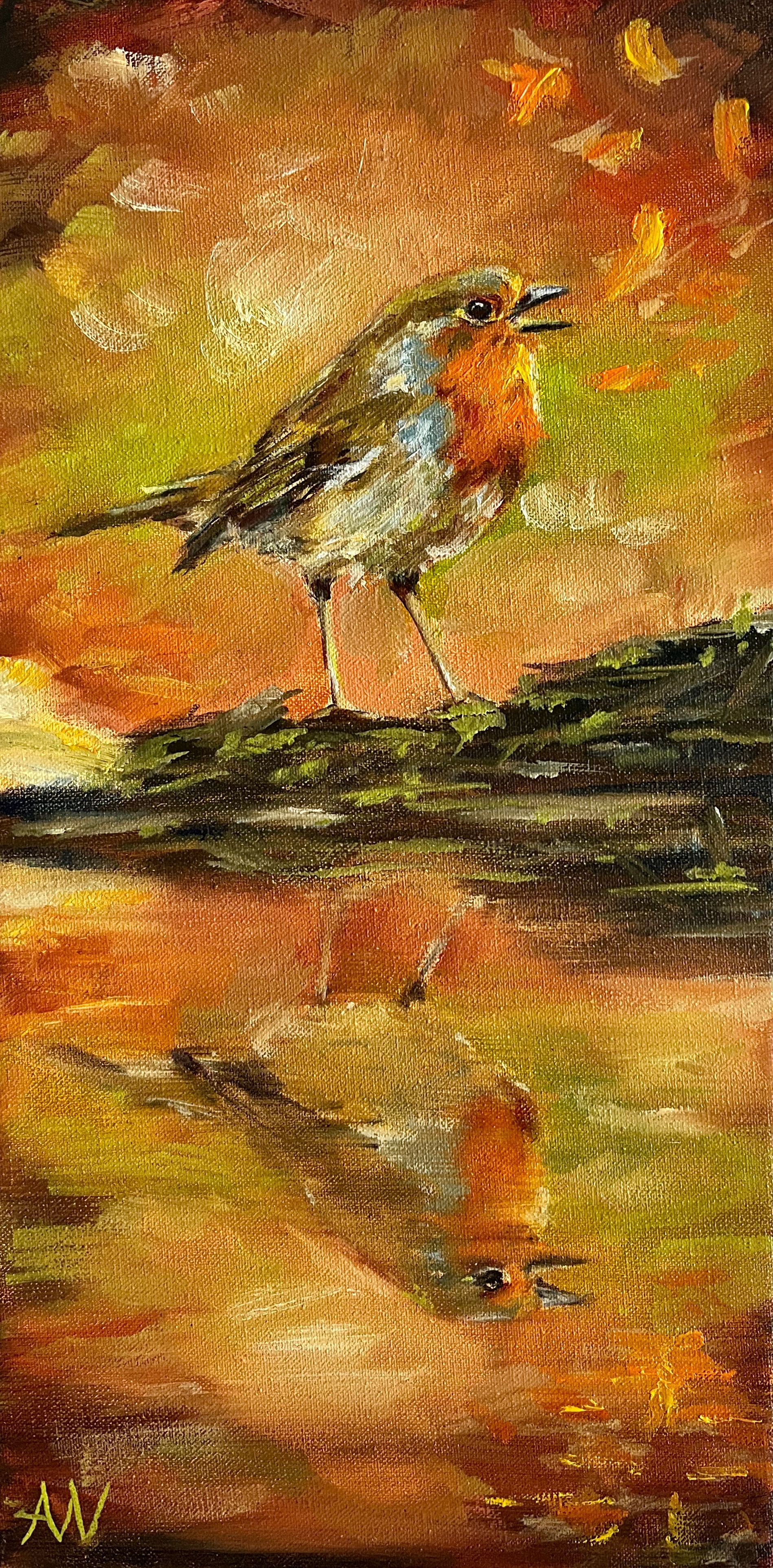 A painting of a robin with an orange chest perched on a branch, reflected in water, surrounded by fall colors.