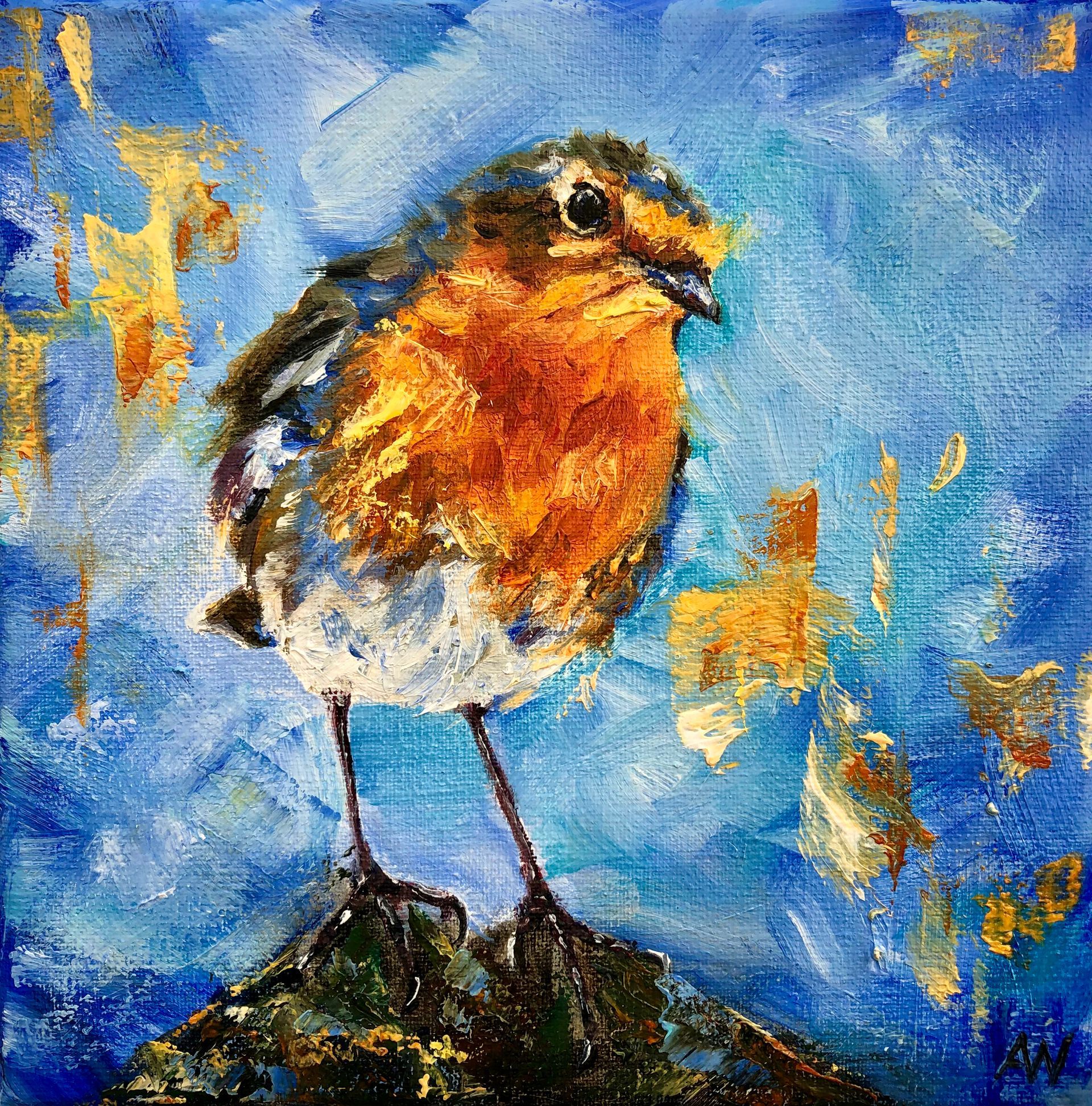 A painted robin with orange breast, perched on a rock against a blue background, gold accents.