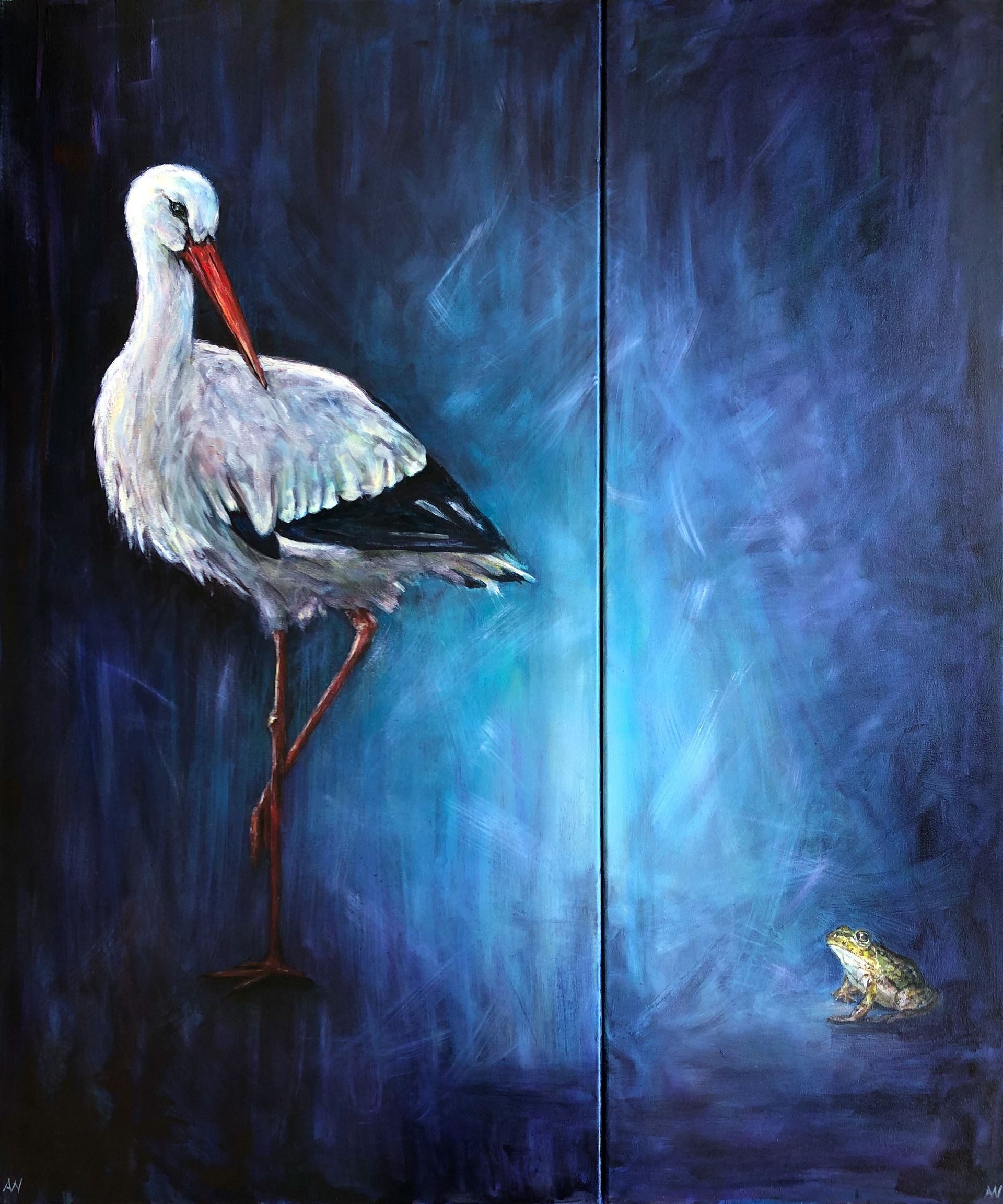 White stork standing near a frog, in front of a blue background.