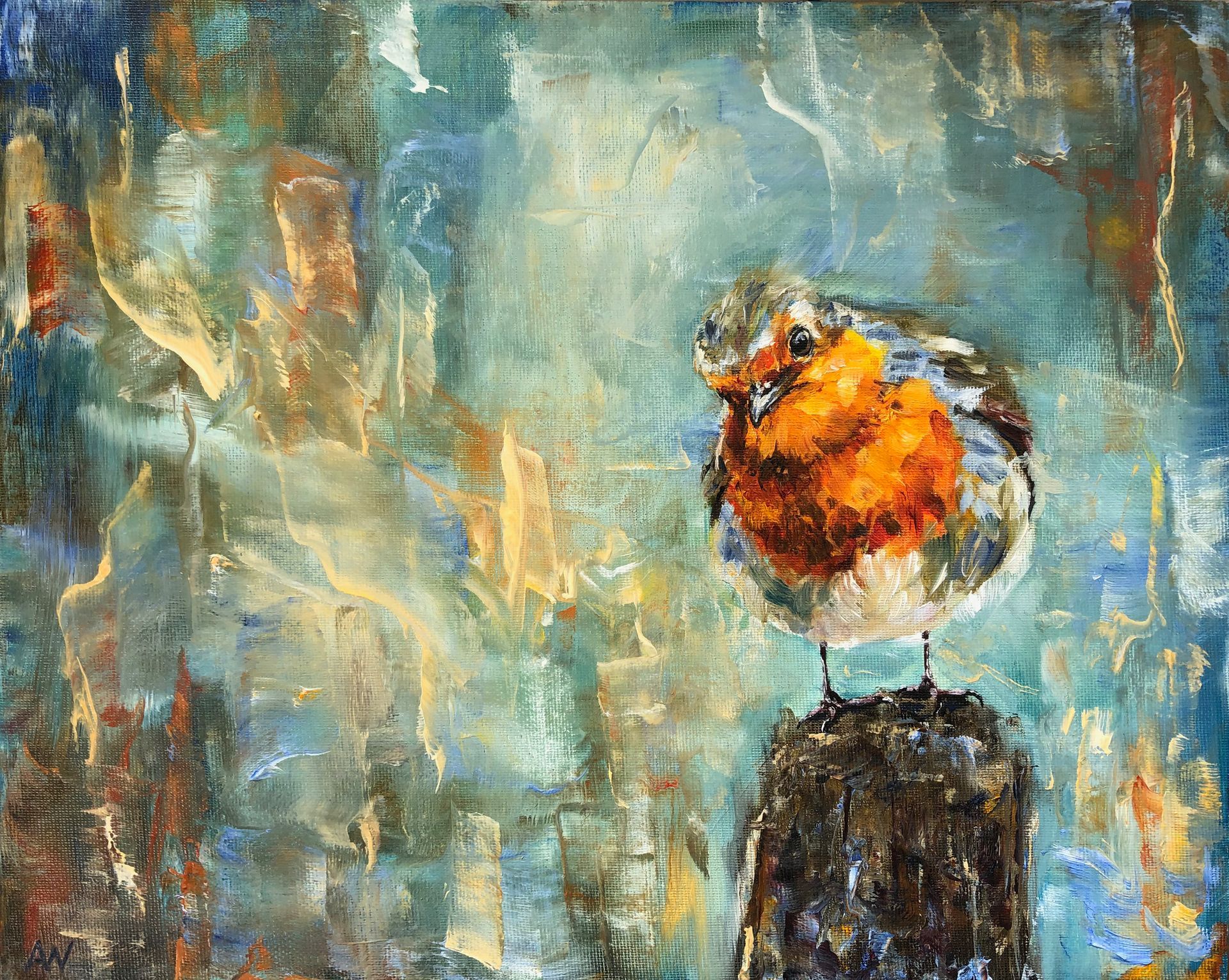 Robin with orange breast perched on a weathered post, against a blurred, colorful background.