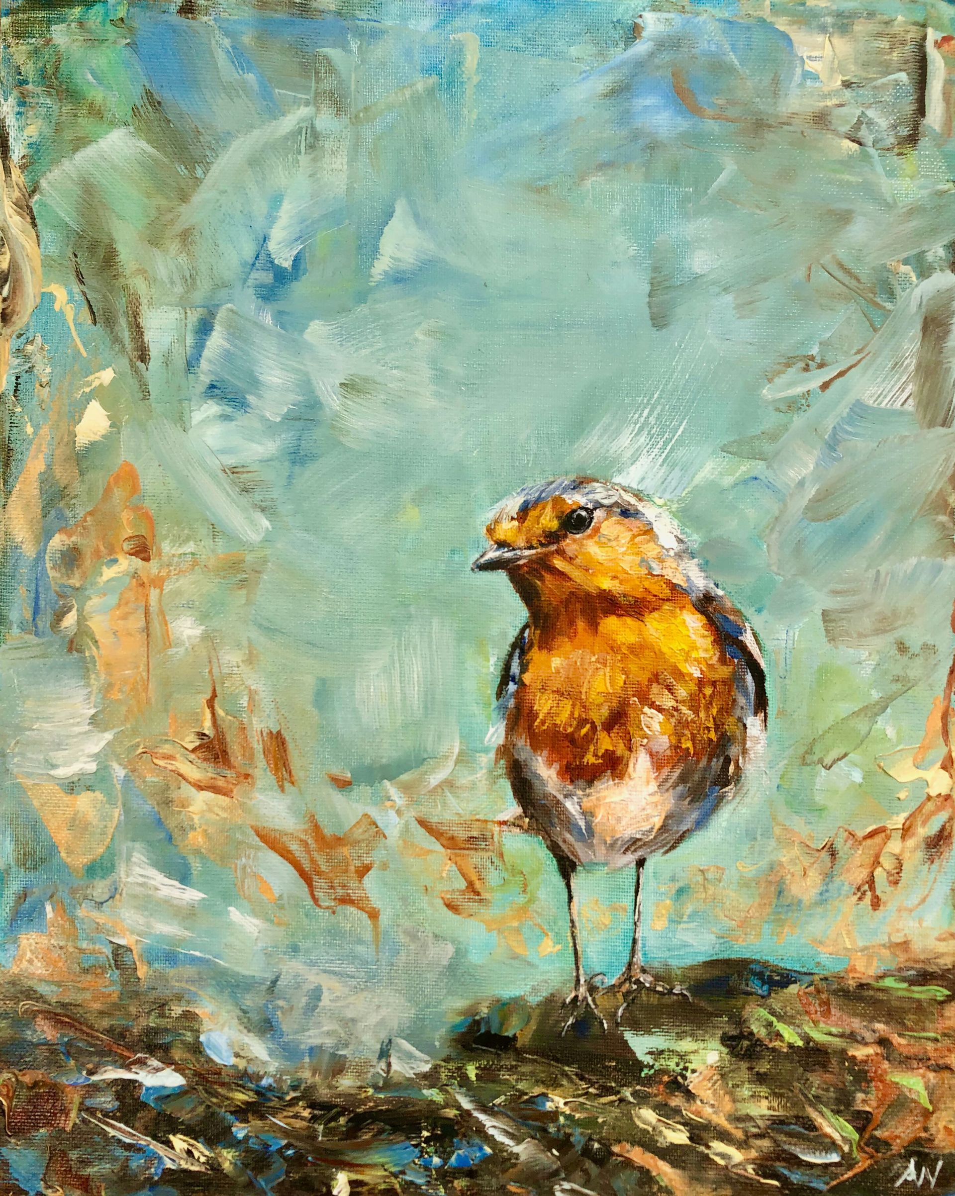 European robin painting, orange breast, perched on a branch, blue and brown background.