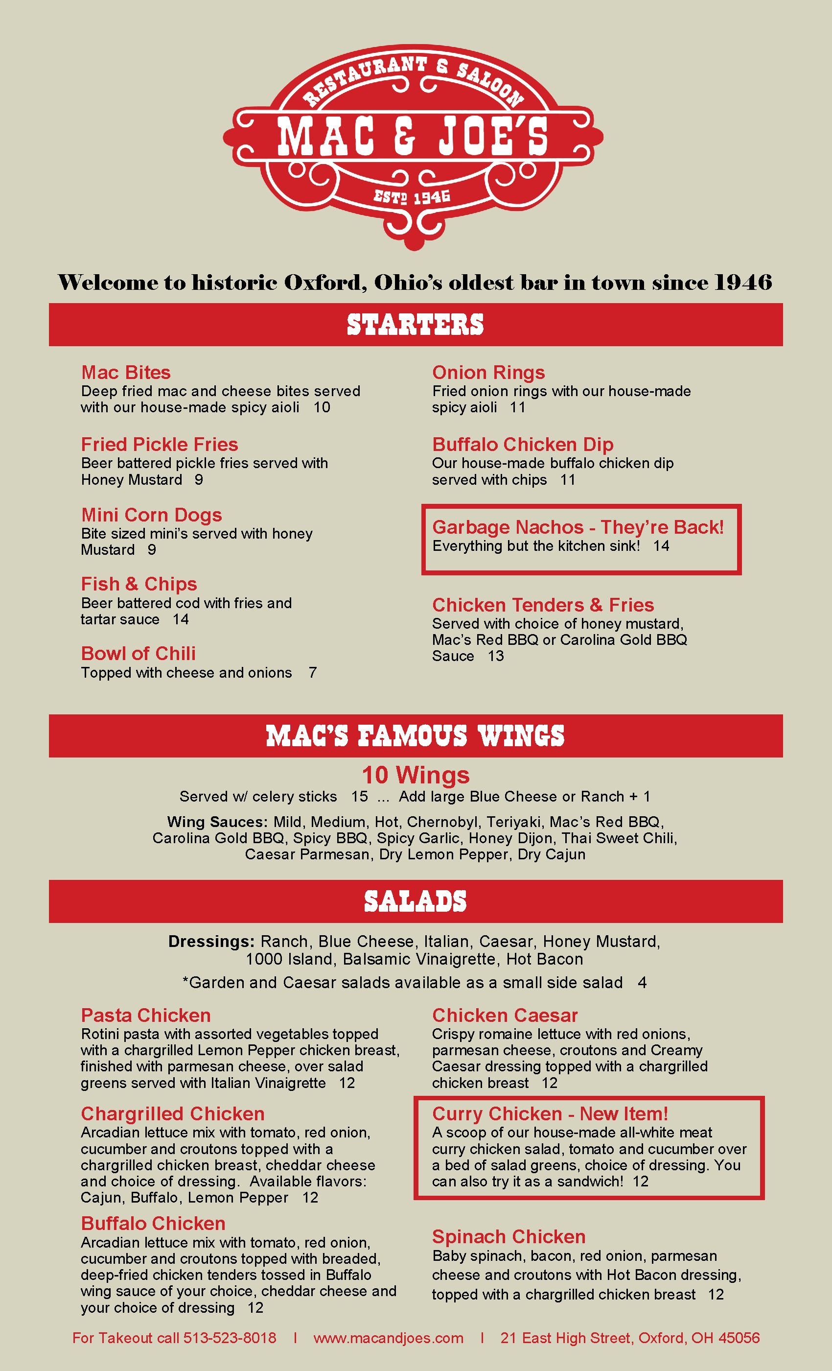 Mac & Joe's Menu