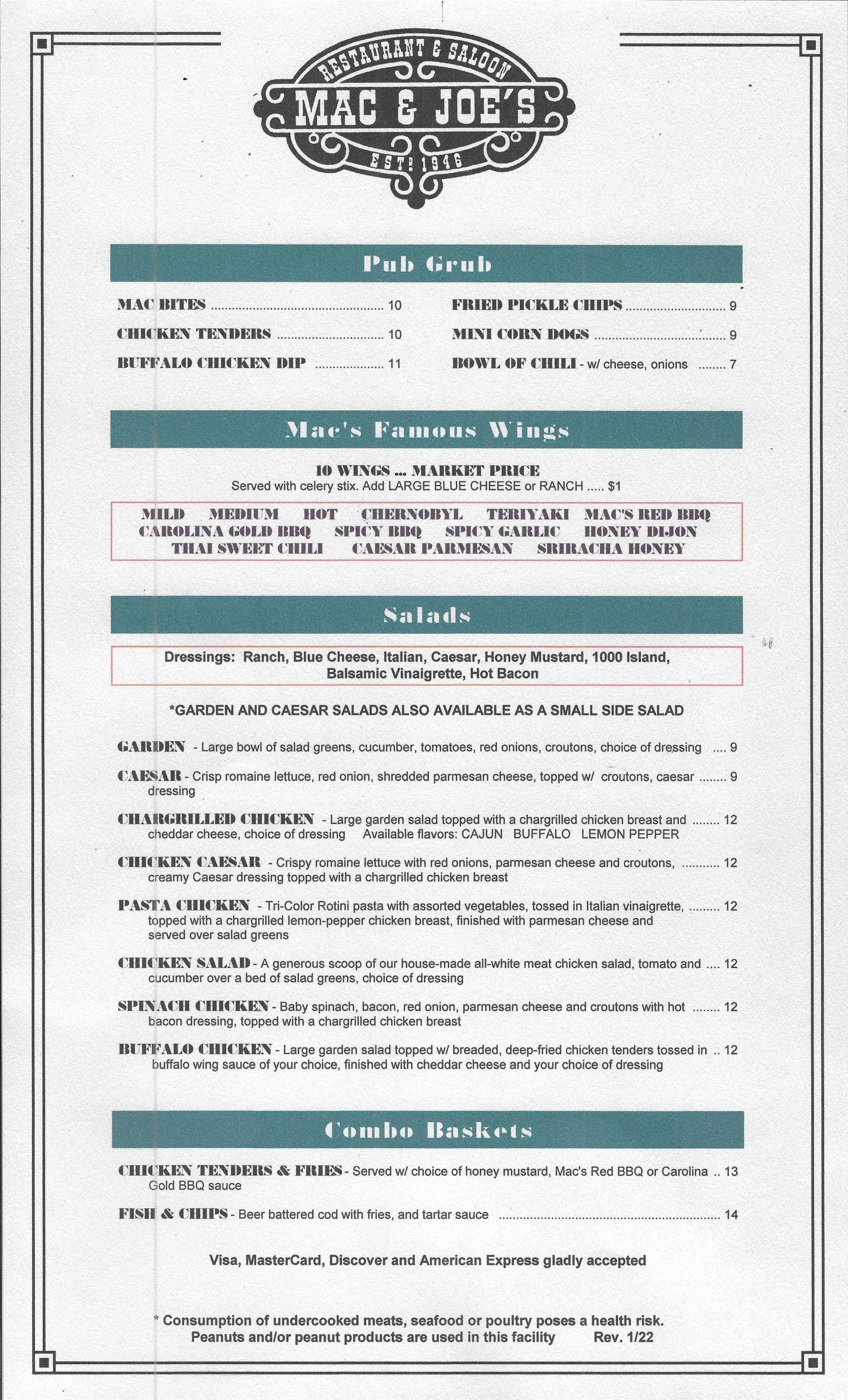 Mac & Joe's Menu