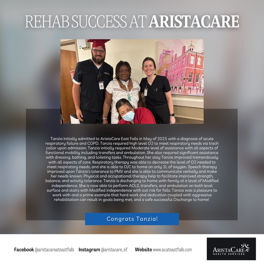 Group photo celebrating rehabilitation success at AristaCare.