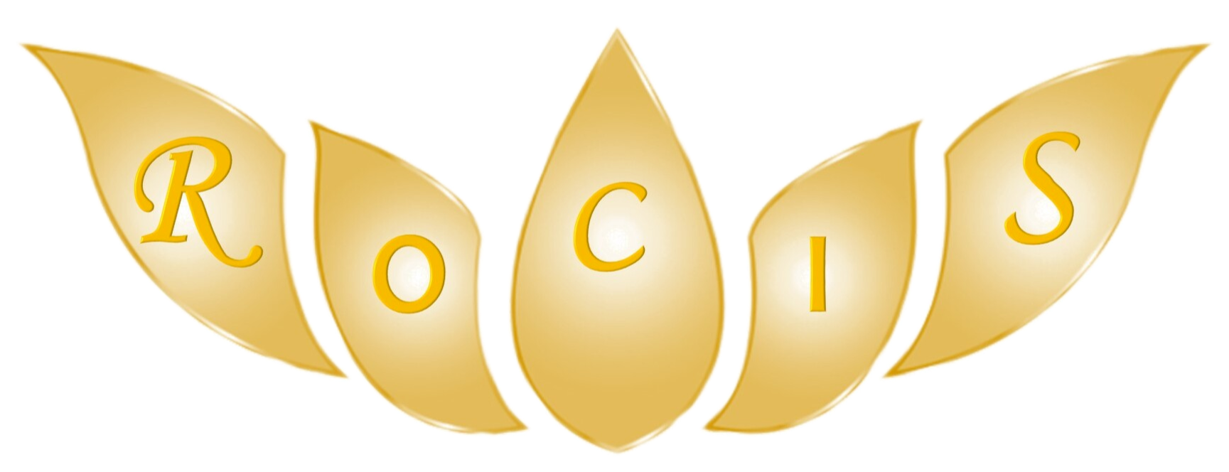 Logo met het woord "ROCIS" in gouden letters, waarbij elke letter de vorm heeft van een bloemblad of blad.