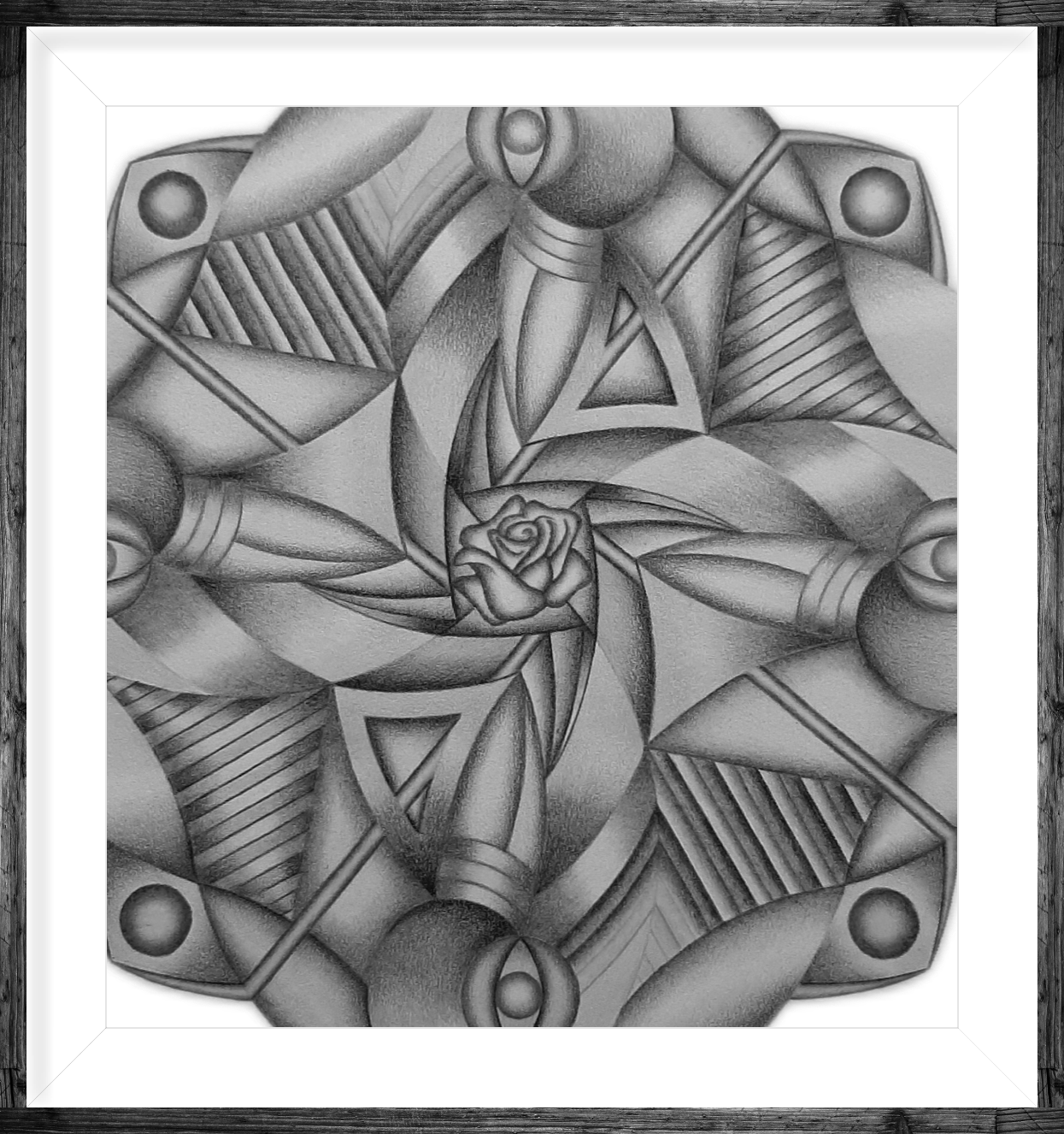 Zwart-wit geometrische kunst met een bloem in het midden, ingelijst. Bevat driehoeken, cirkels en lijnen.