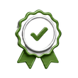 Green award ribbon badge with a checkmark in the center