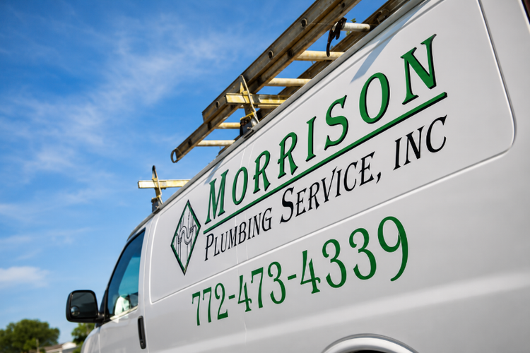 Morrison Plumbing Service van with green logo and phone number parked outdoors under a blue sky