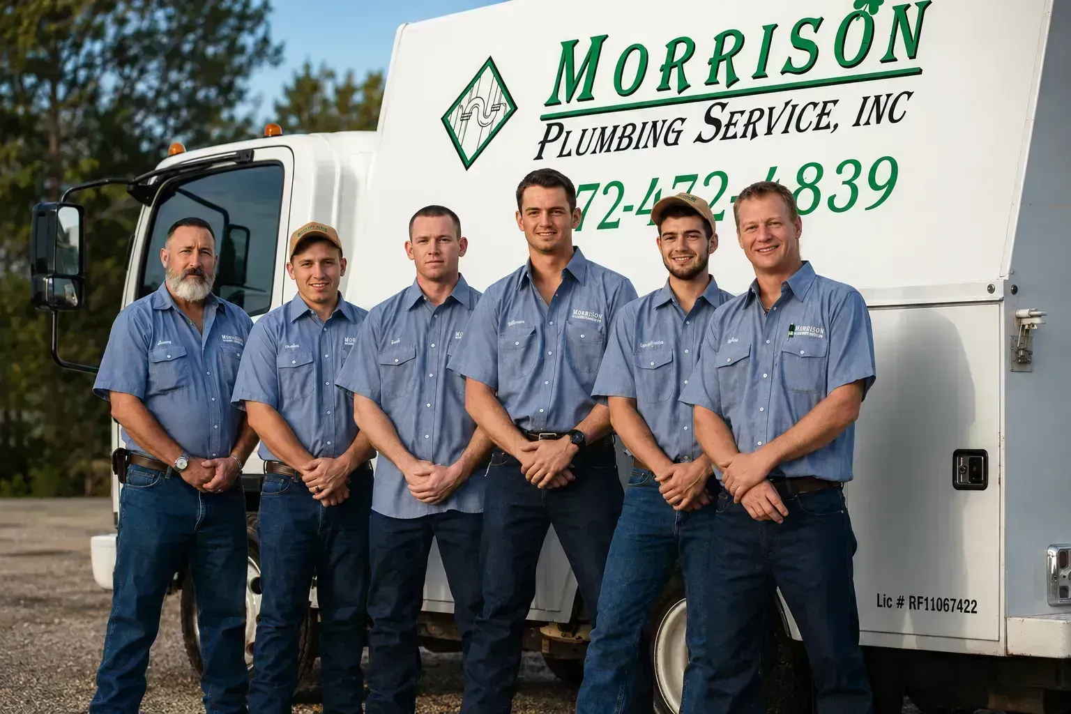 Six workers in blue shirts standing in front of a Morrison Plumbing Service truck