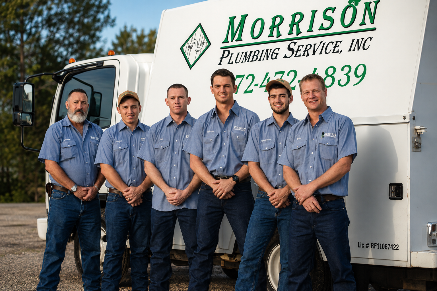 Six workers in blue shirts standing in front of a Morrison Plumbing Service truck