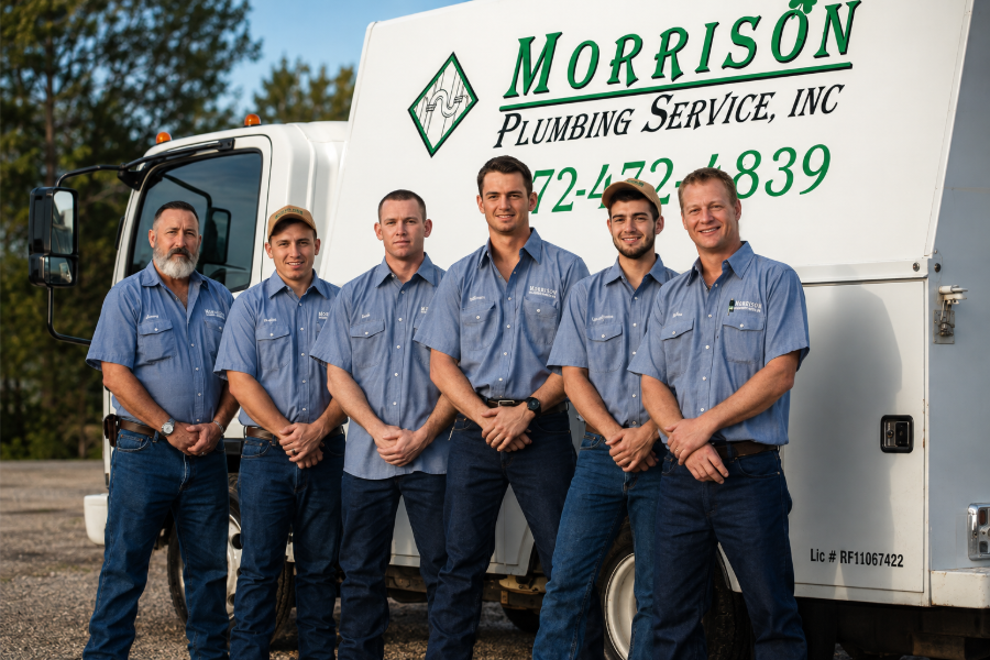 Morrison Plumbing Service van with green logo and phone number parked outdoors under a blue sky