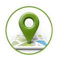 Green location pin on a folded map inside a circular icon