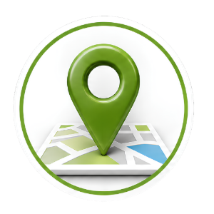 Green location pin on a folded map inside a circular icon