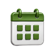 Green and white calendar icon with two rings and six green date squares