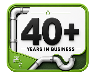 40+ years in business badge with green border, black text, and silver pipes with water icons