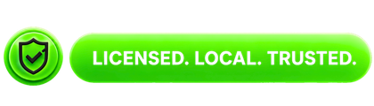 Green badge with shield icon and the text “LICENSED. LOCAL. TRUSTED.”