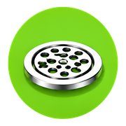 Chrome shower drain cover on a bright green circle background