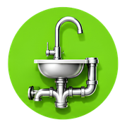 Chrome sink and faucet with exposed pipes on a bright green background