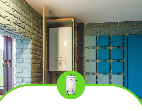 Blue-tiled room with a wall-mounted white water heater and a blue door beside a window.
