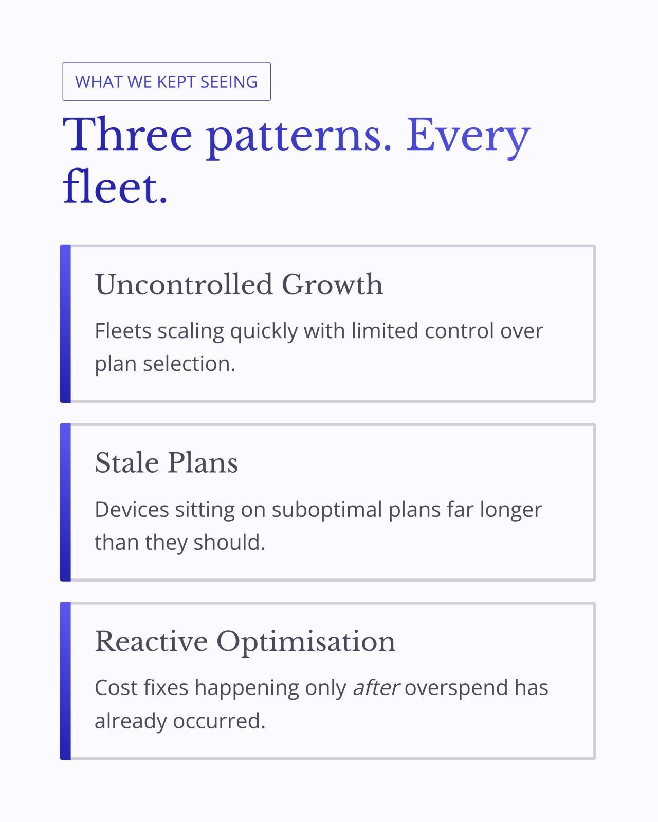 Slide titled “Three patterns. Every fleet.” with three boxed issues: Uncontrolled Growth, Stale Plans, Reactive Optimisation.