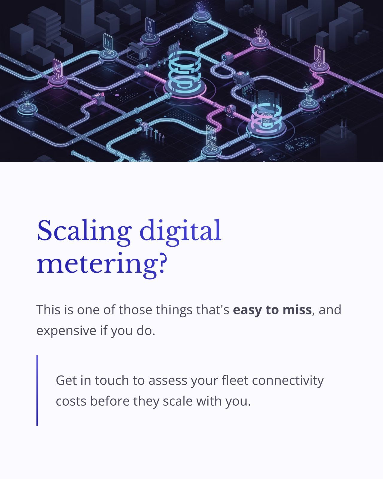 Purple digital network graphic with meters and text: “Scaling digital metering?”