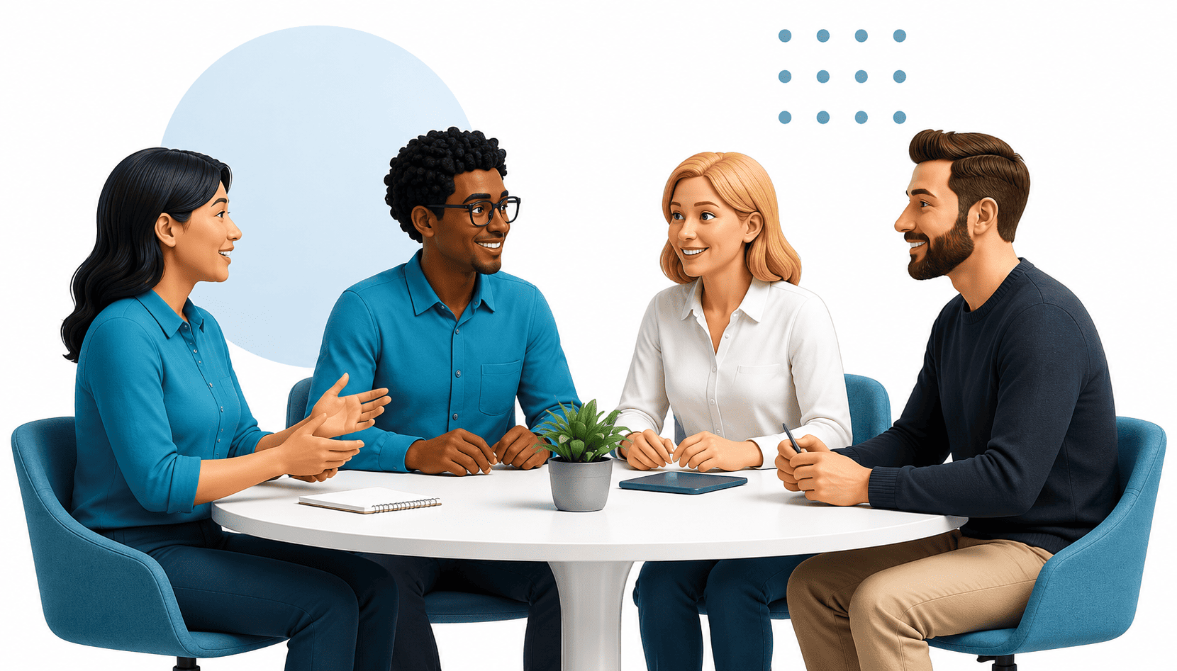 Four colleagues in a meeting, seated around a white table in a bright office, talking and smiling.