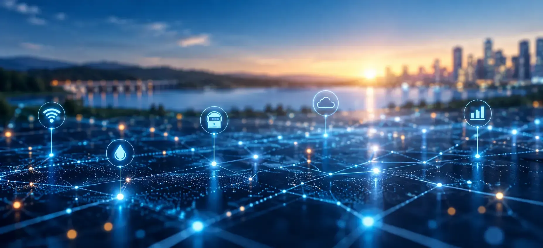 Glowing digital network grid with connected nodes over a city skyline at dusk