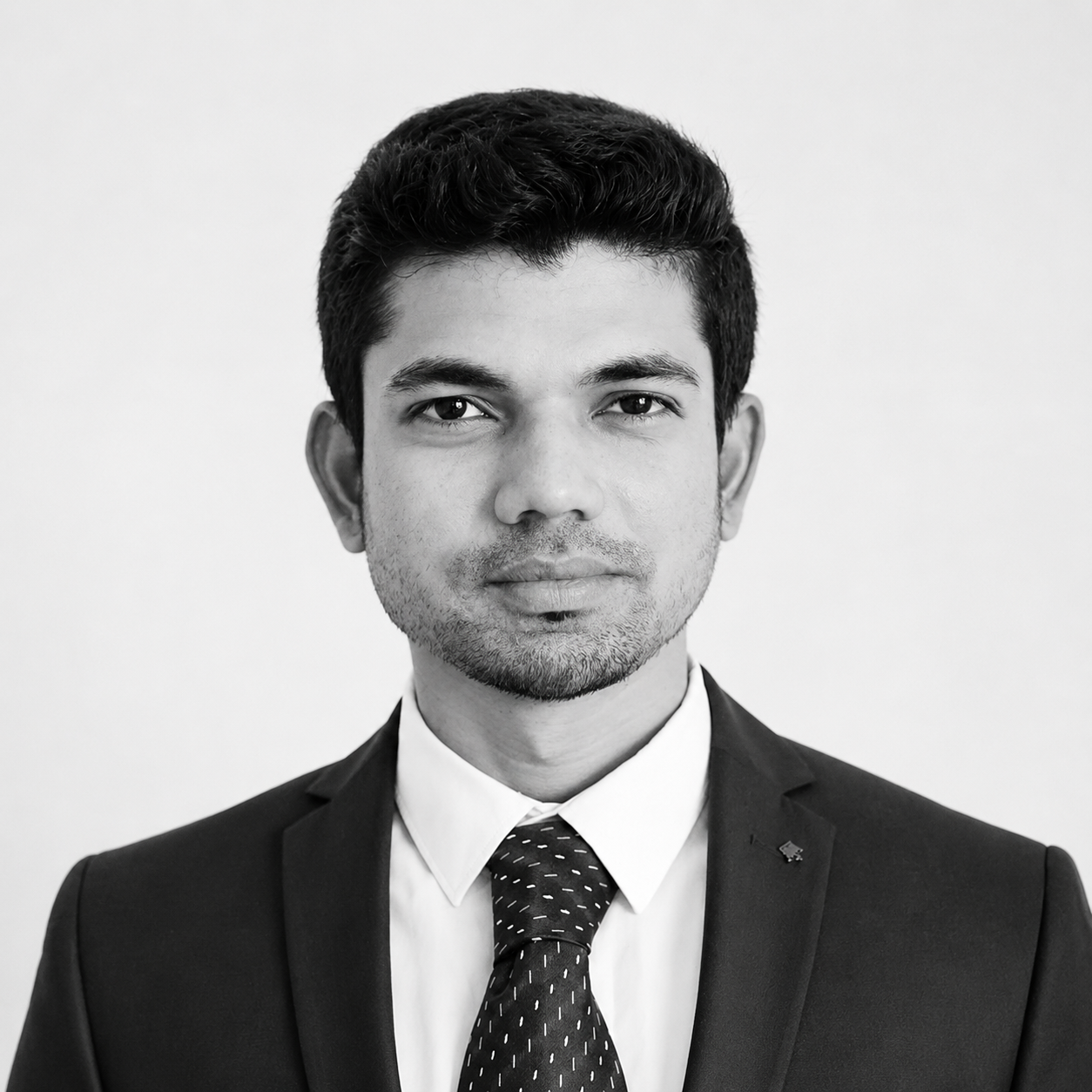 Black-and-white portrait of a man in a suit and tie, facing forward against a plain background
