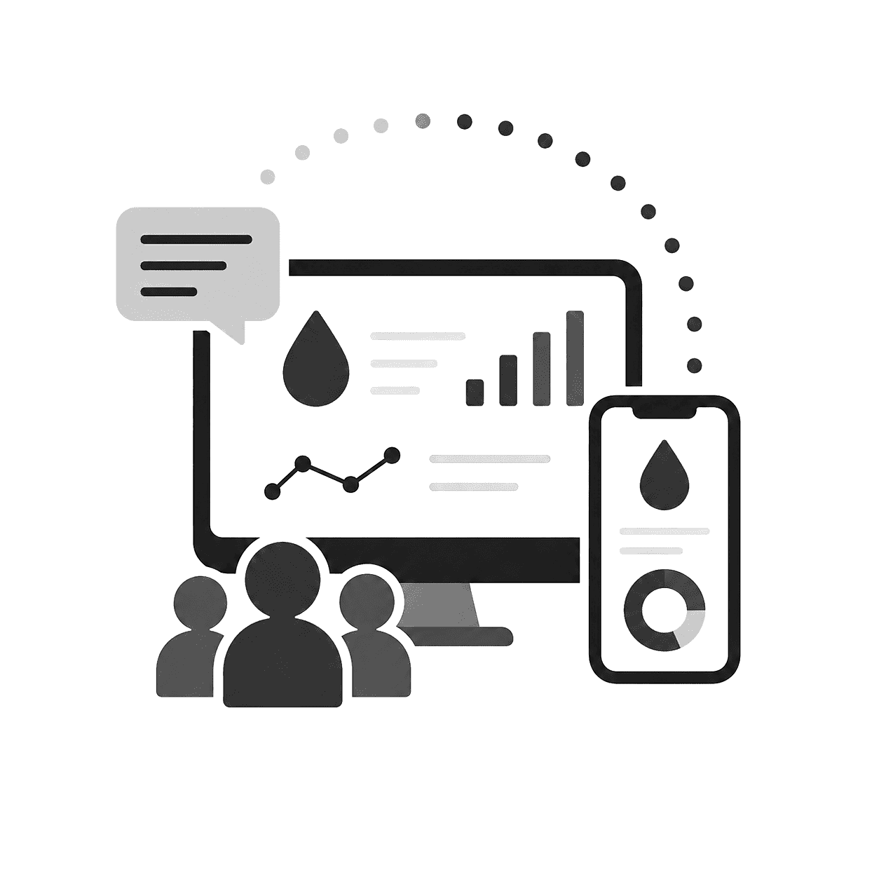 Analytics dashboard on laptop and phone with charts, alerts, and users