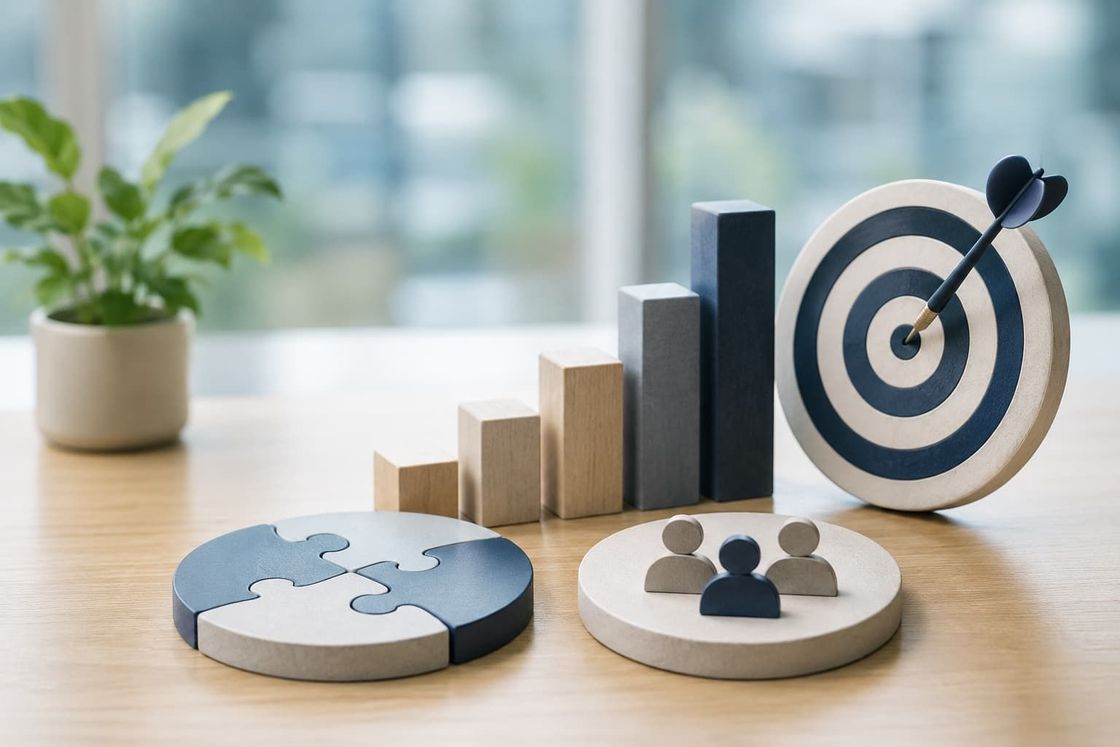 3D business growth chart with upward bars, target board, and people icons on a white background