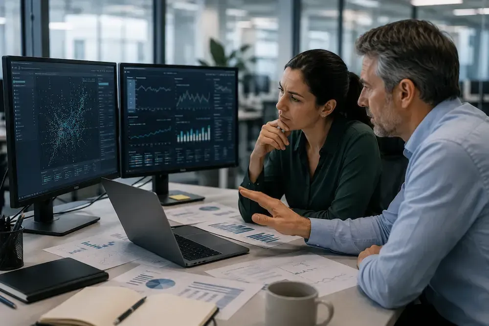 Two coworkers reviewing data on dual monitors at a desk with a laptop in a modern office