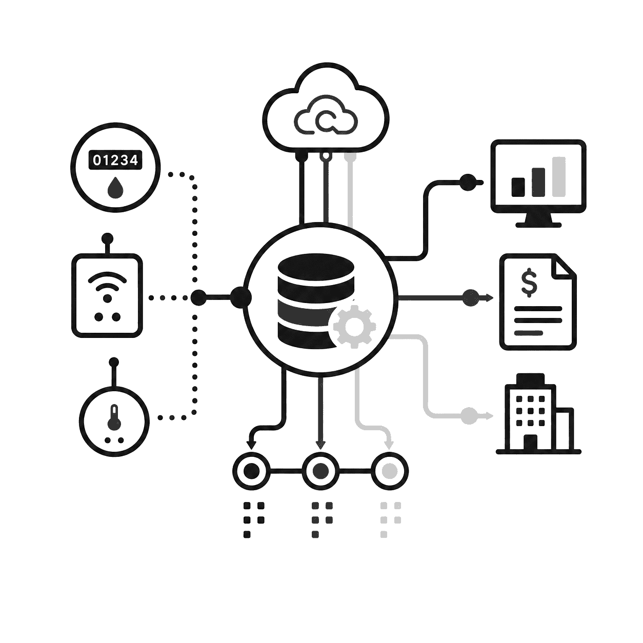 Cloud-connected data dashboard with icons for security, analytics, documents, and building systems