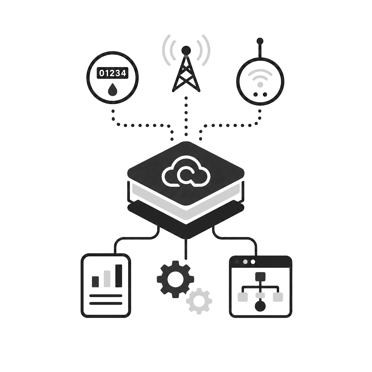 Cloud computing icon with connected devices, Wi‑Fi, tower signal, and analytics dashboard symbols