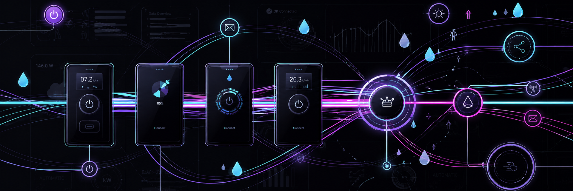 Futuristic digital network with glowing purple-blue servers, connecting lines, and data nodes on a dark background