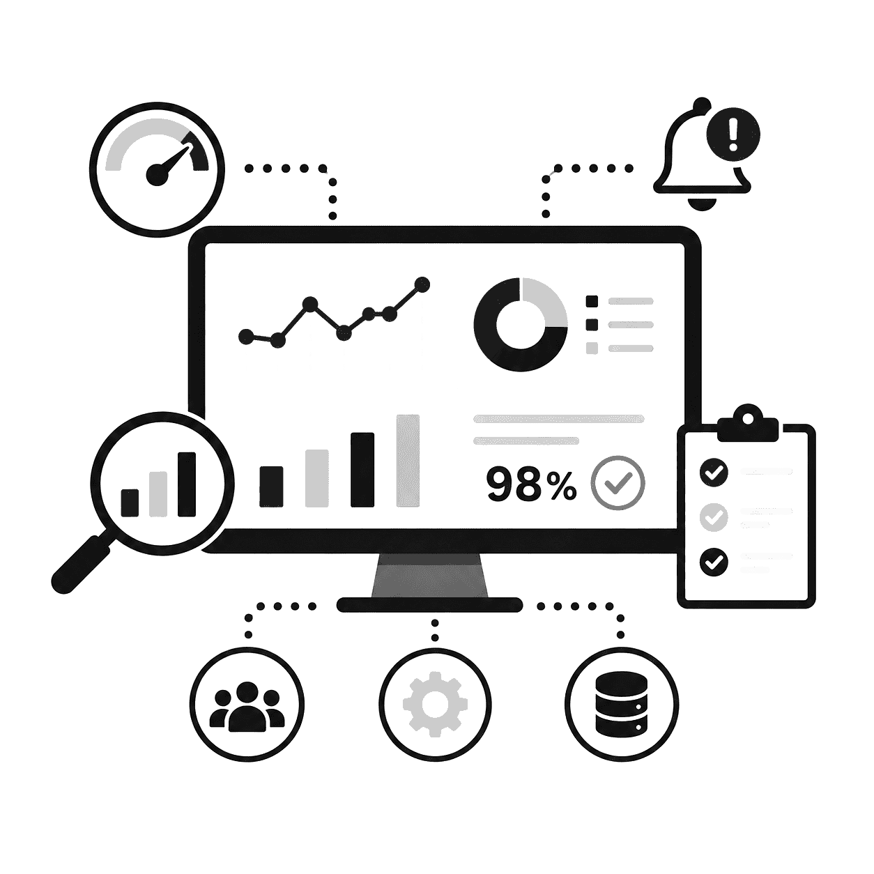 Analytics dashboard on monitor with charts, alerts, and performance icons around it