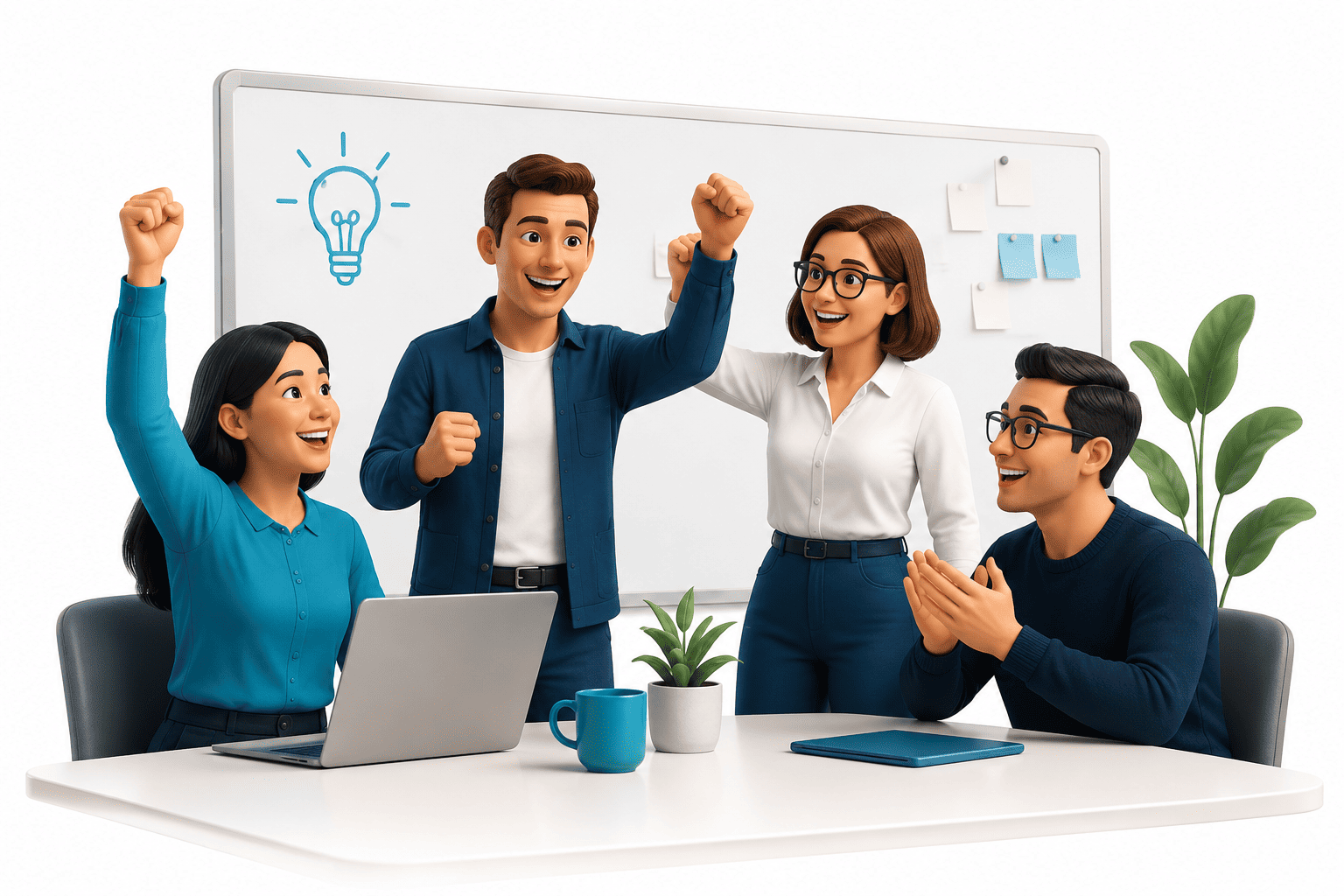 Team celebrating in a bright office, raising fists around a laptop and whiteboard with a lightbulb sketch.