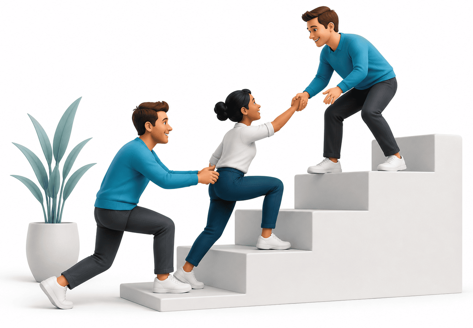 Three people helping each other up white stairs, with a potted plant beside them.