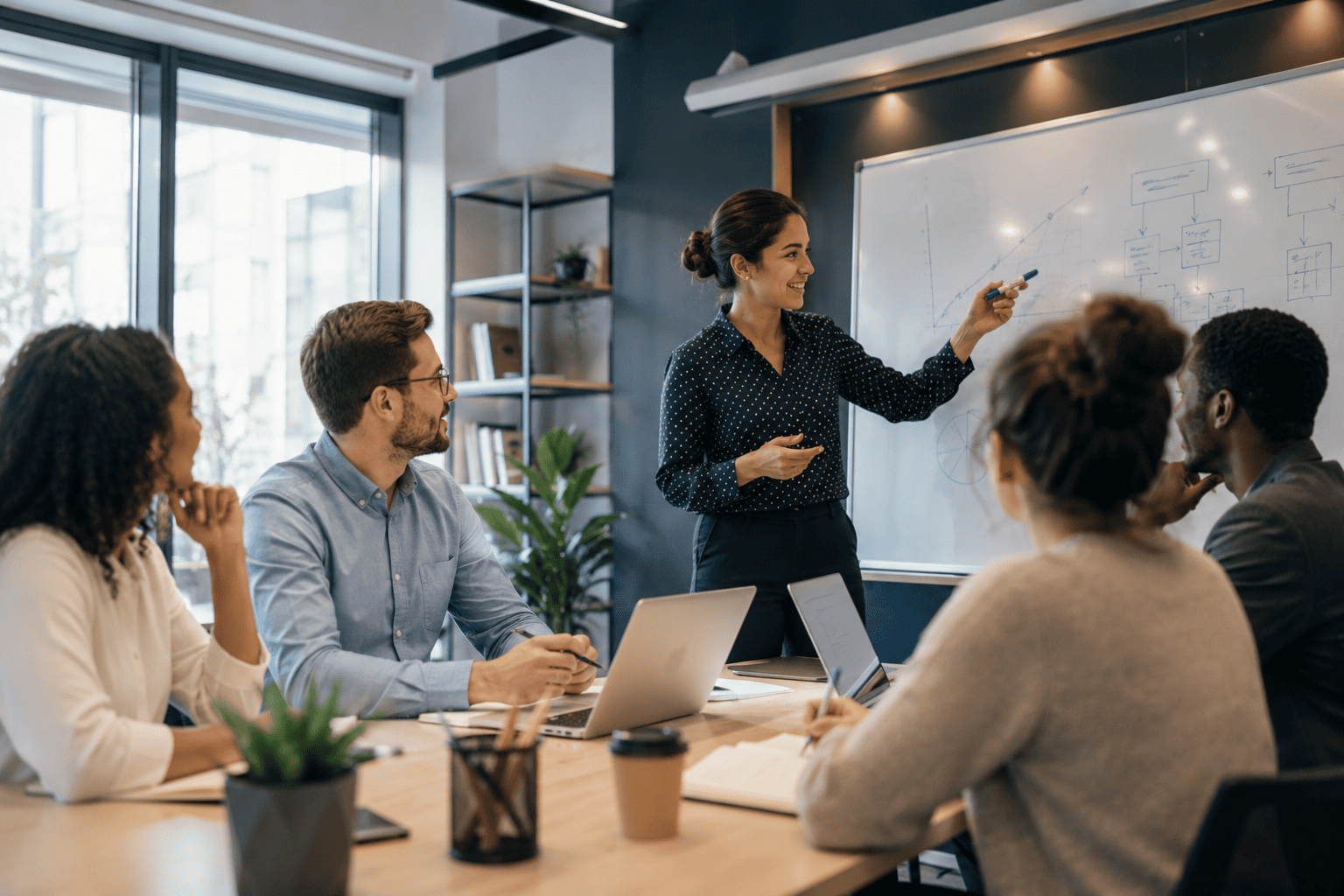 Team meeting in a modern office, with a woman presenting at a whiteboard while coworkers listen around a table.