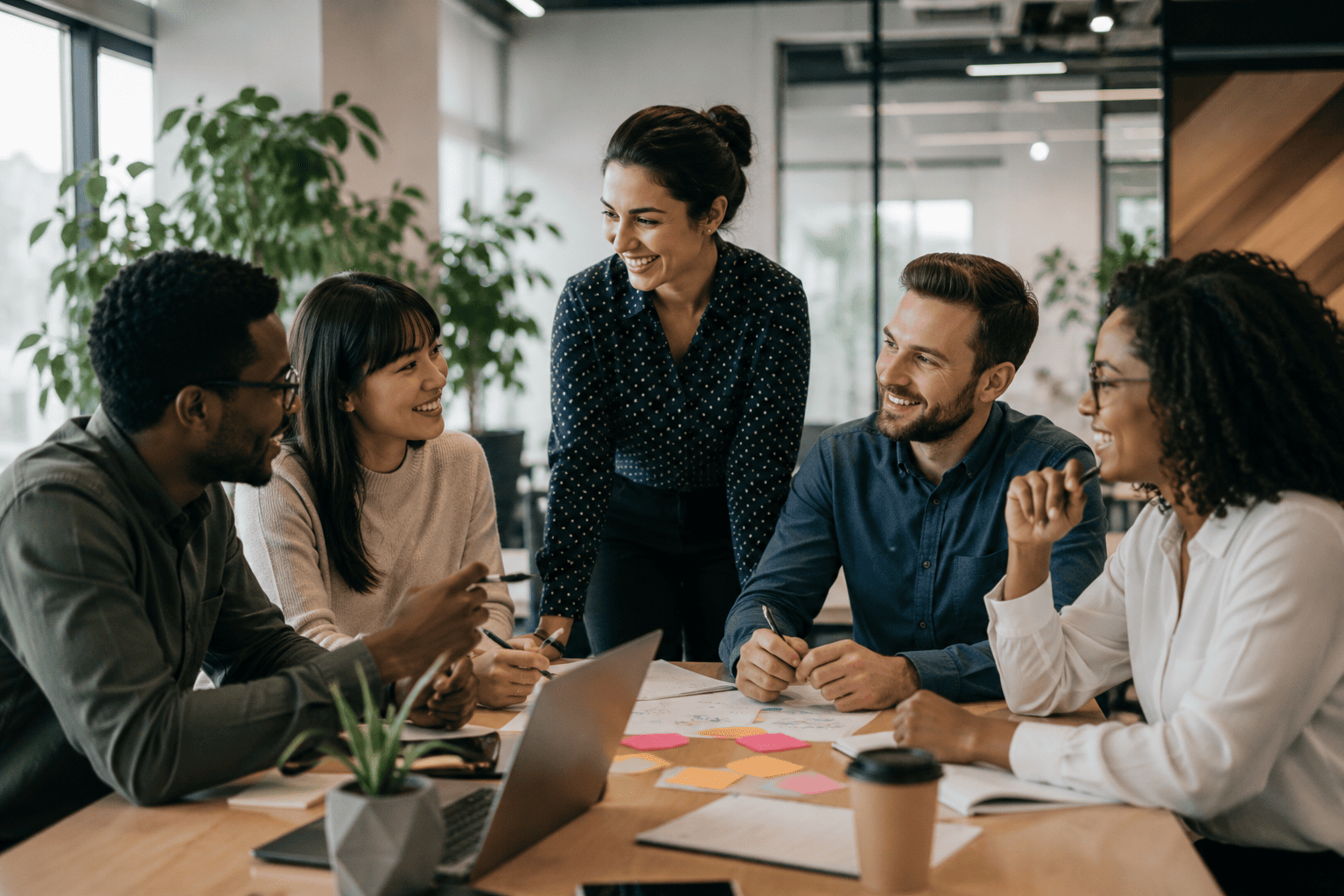 Five coworkers in a meeting, leaning over papers and a laptop in a bright office.