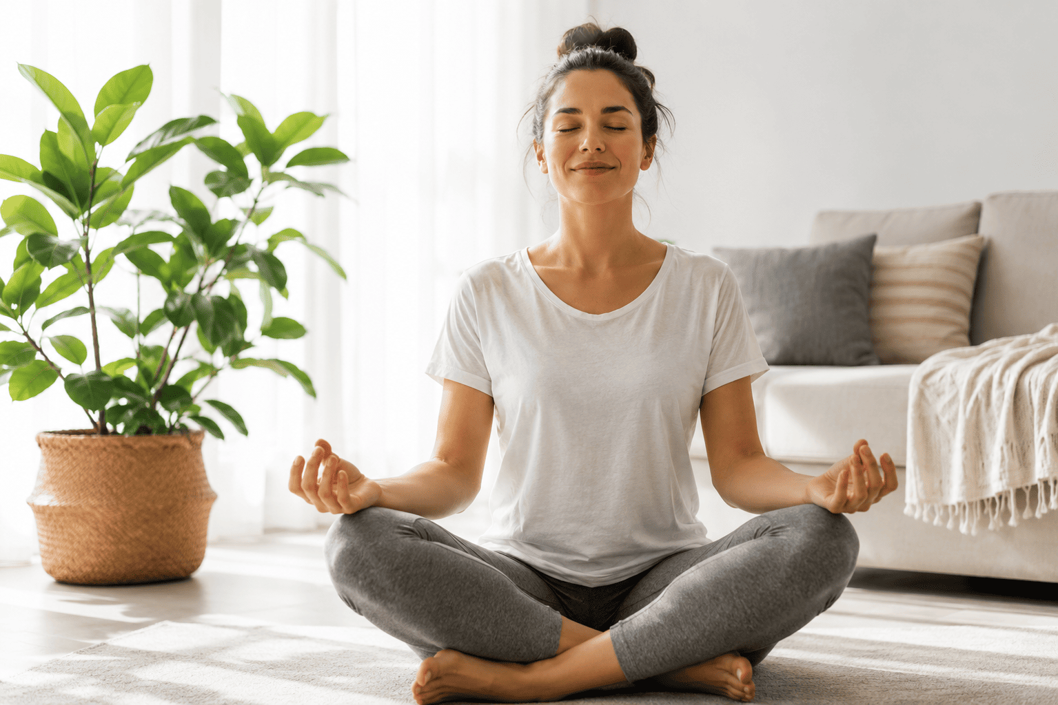 Woman meditating cross-legged on a rug beside a potted plant in a bright living room