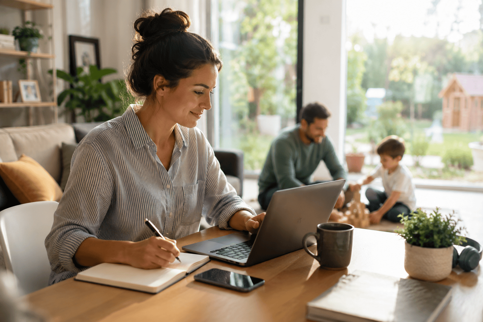 Woman writing in a notebook beside a laptop, with a coffee mug and family blurred in a bright living room.