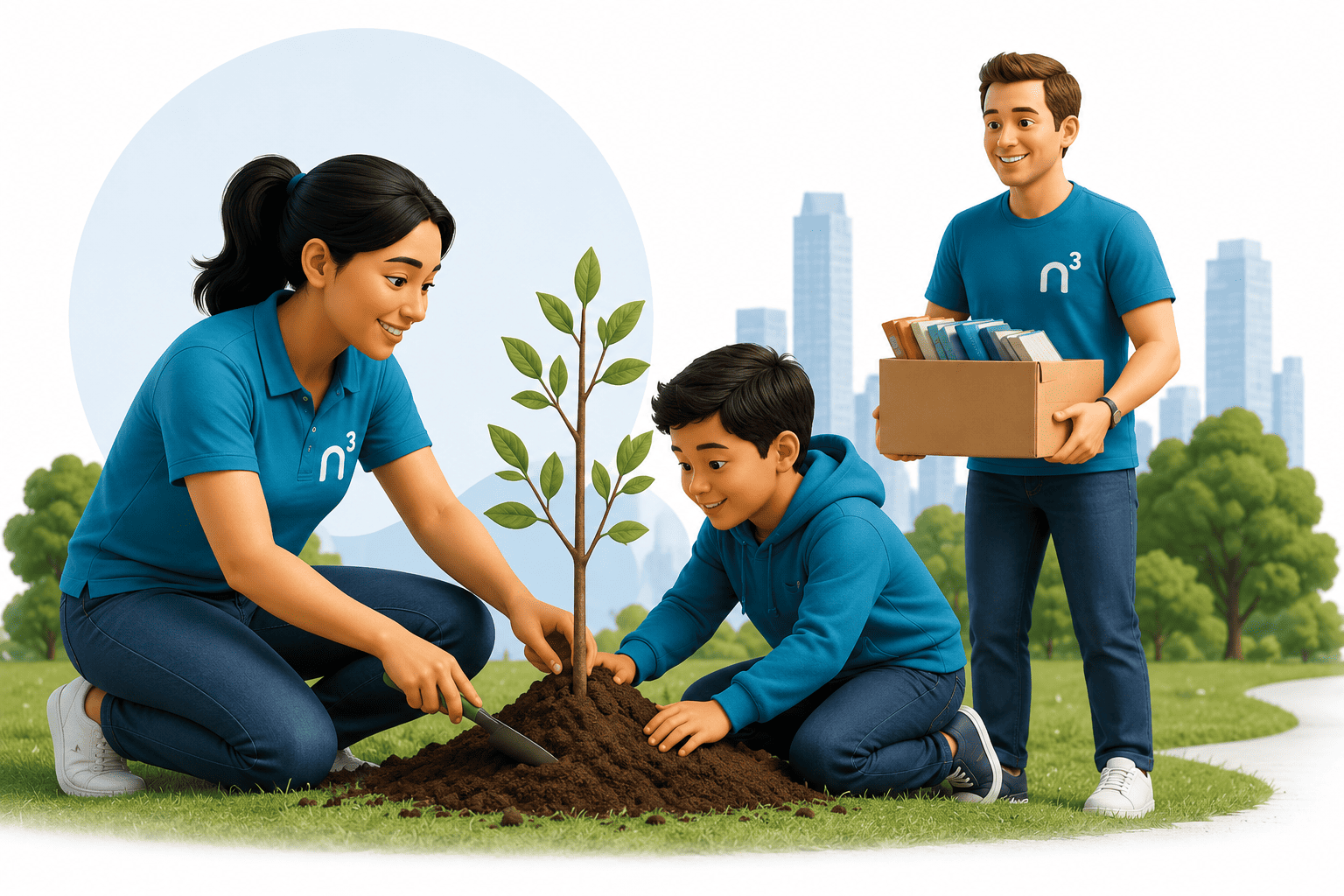 Two people planting a sapling in a park while another carries a cardboard box of supplies.