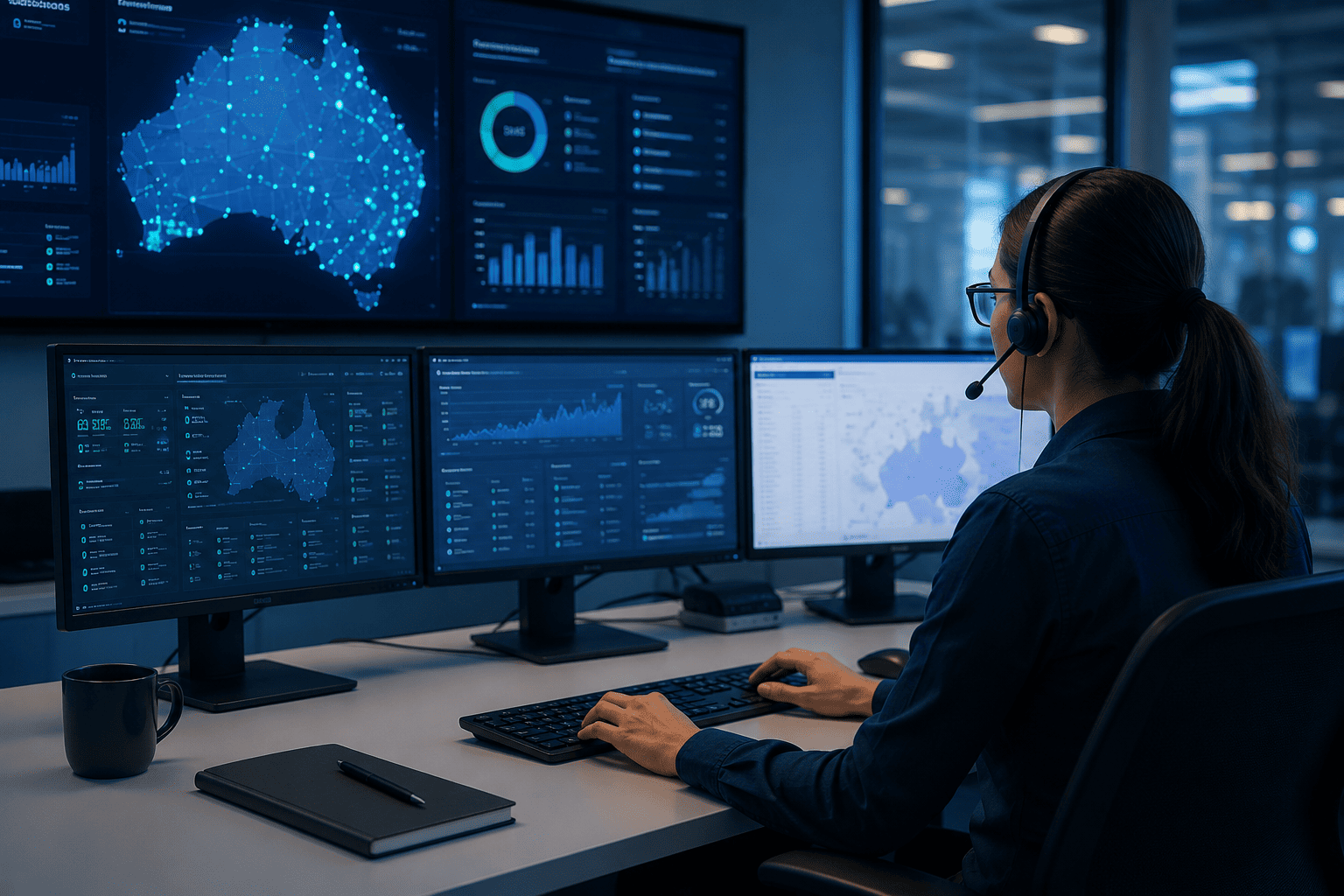 Person at a desk monitoring multiple data dashboards on large screens in a dimly lit control room