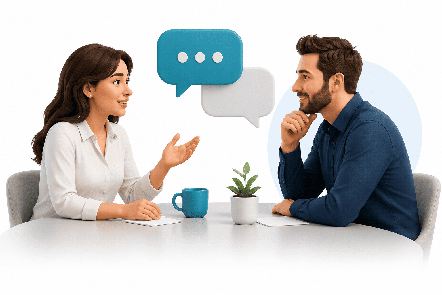 Two people talking at a table with coffee mugs, a plant, and speech bubbles above them