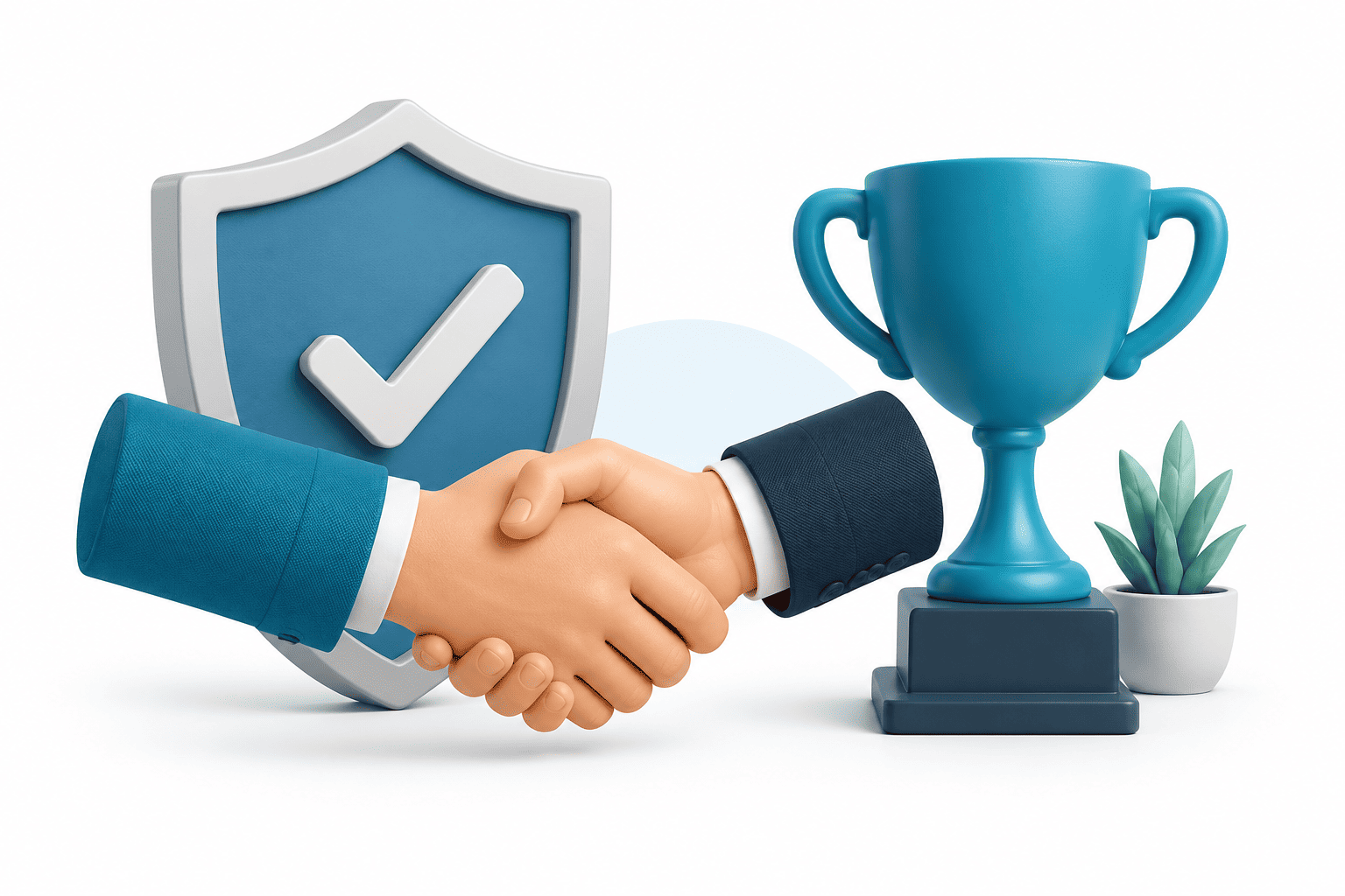 Handshake beside blue shield, trophy, and plant symbolizing trust and success