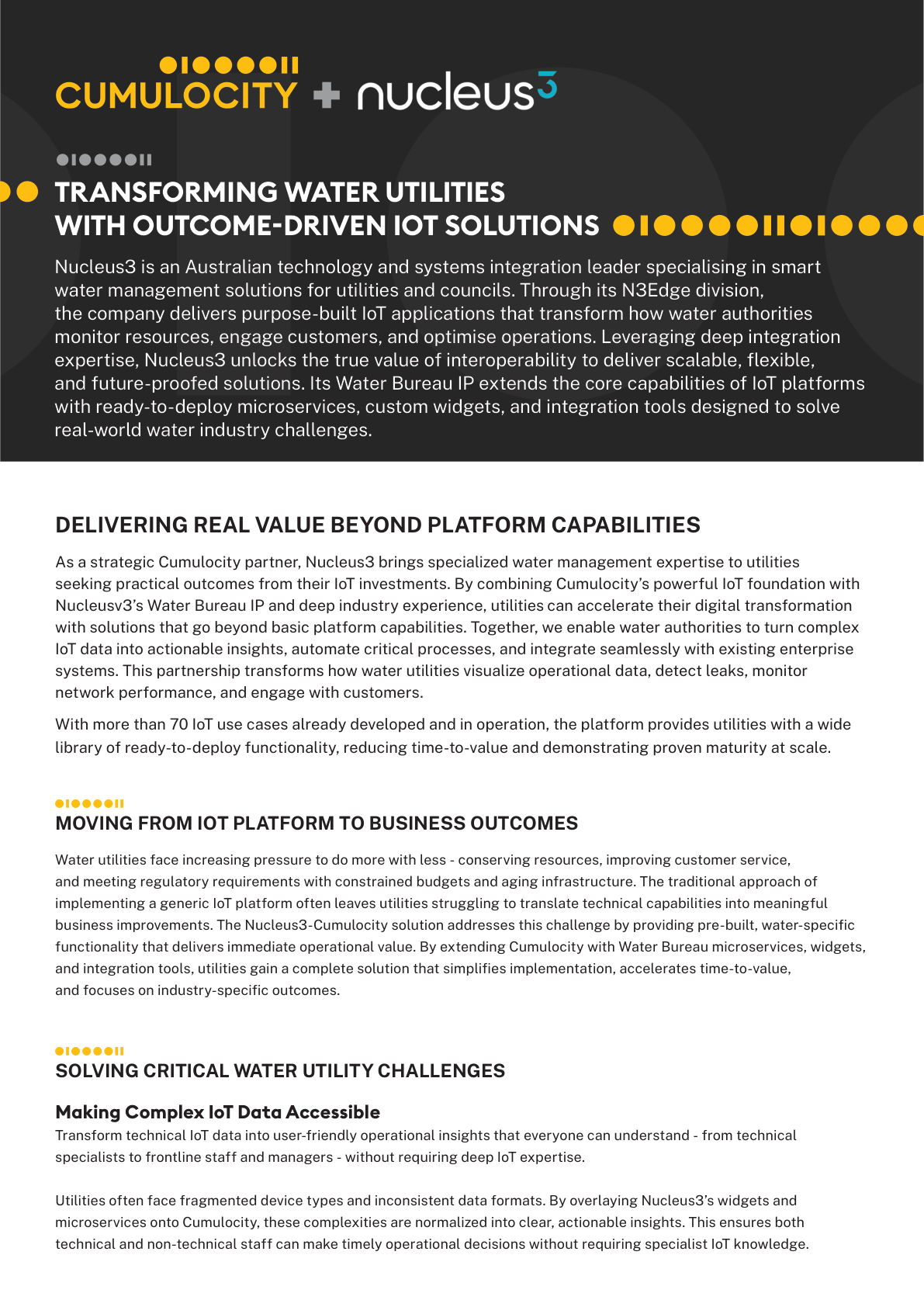 Presentation slide titled “Transforming Water Utilities with Outcome-Driven Solutions” with white text on black background