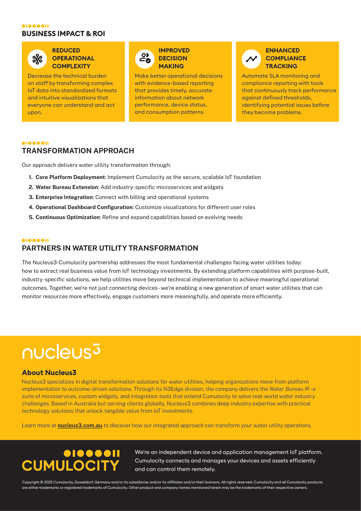 Yellow infographic with three feature boxes, text bullets, and Nucleus3 and Cumulocity branding at the bottom