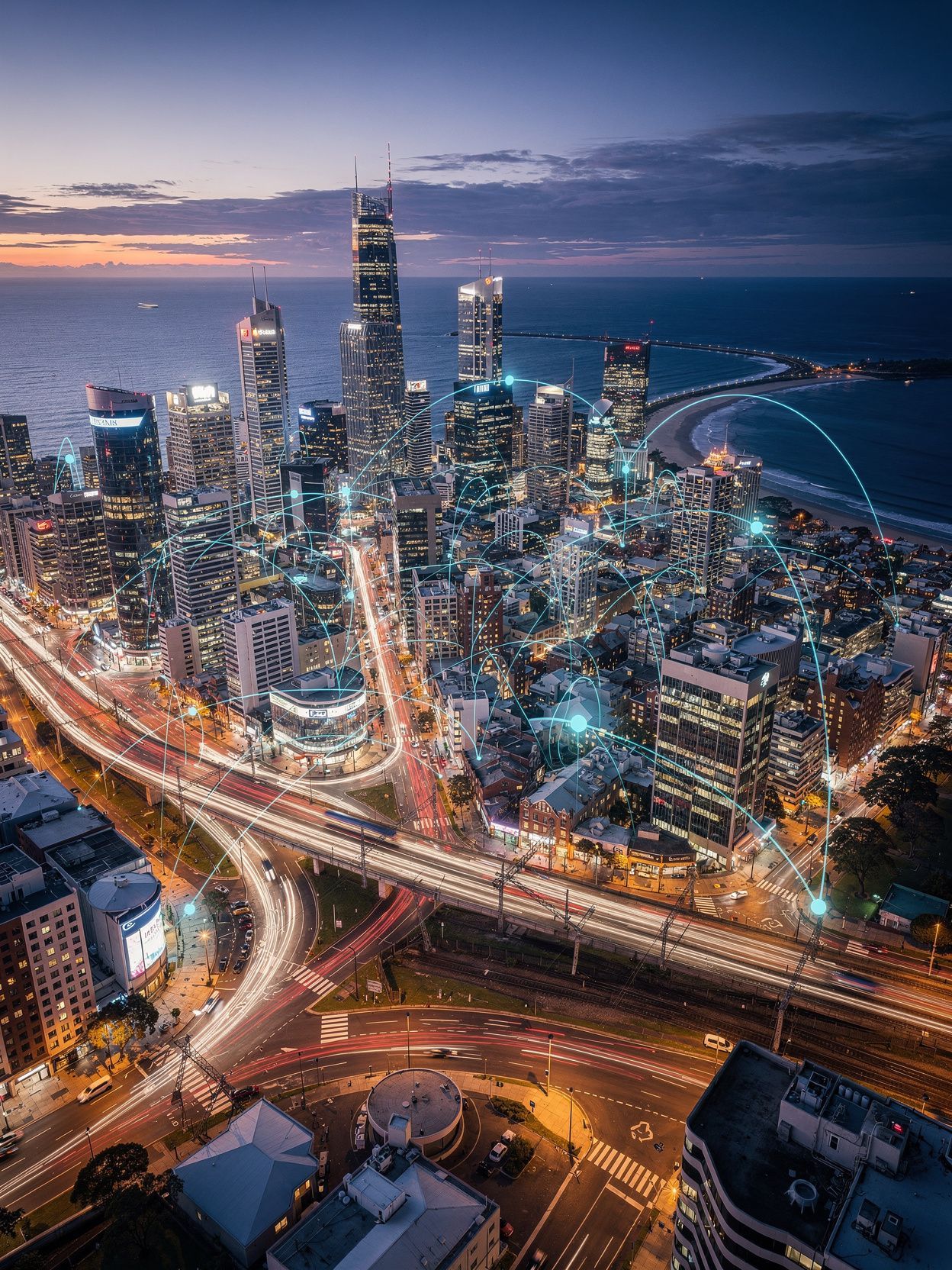 Aerial city skyline at dusk with illuminated skyscrapers and winding freeway interchange by the waterfront