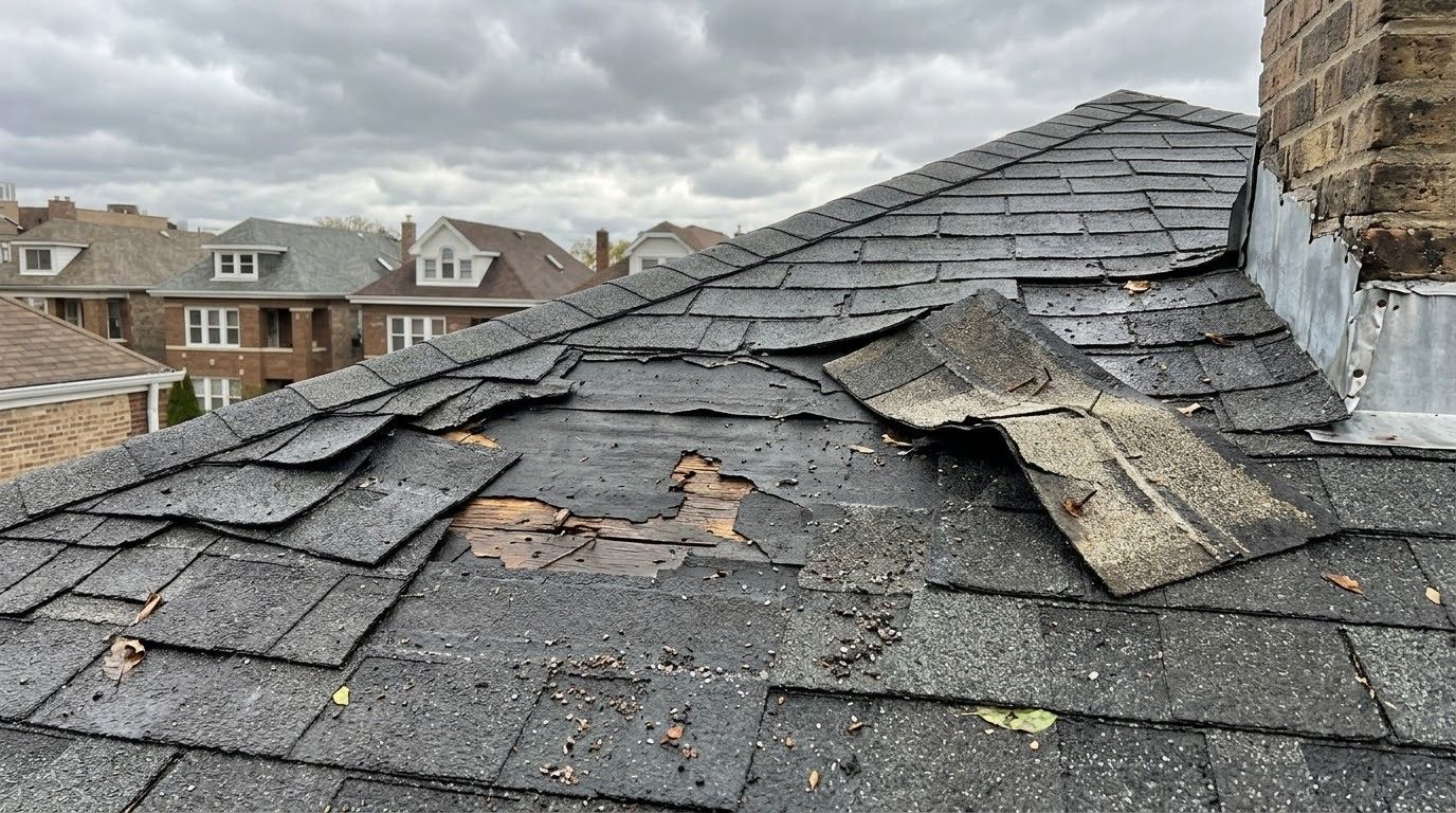 Damaged shingle roof with missing and torn sections on a gray overcast day